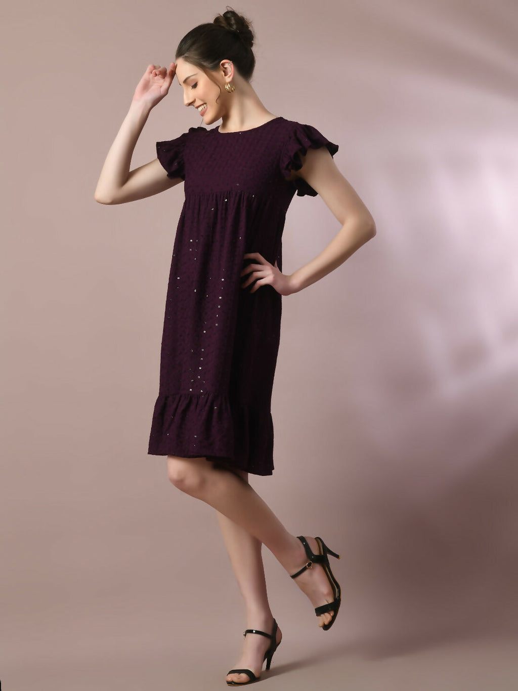 Myshka Women's Violet Embroidered Cotton Round Neck A-Line Party Dress
