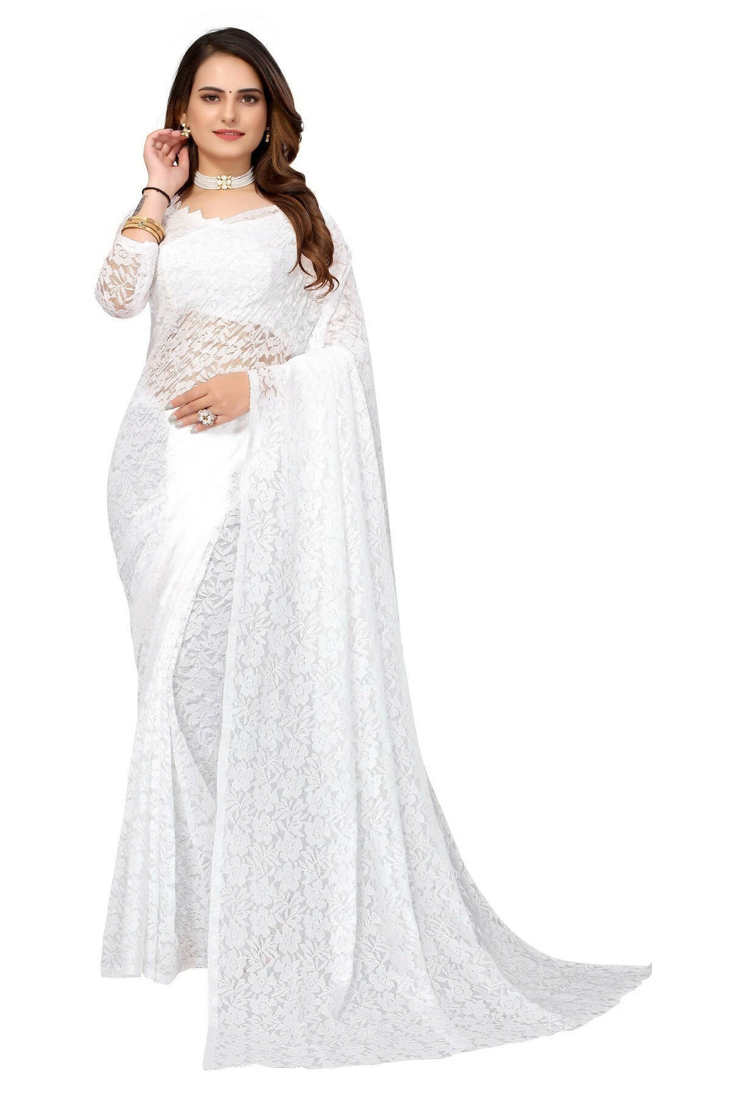 Vamika White Pearls Net Saree