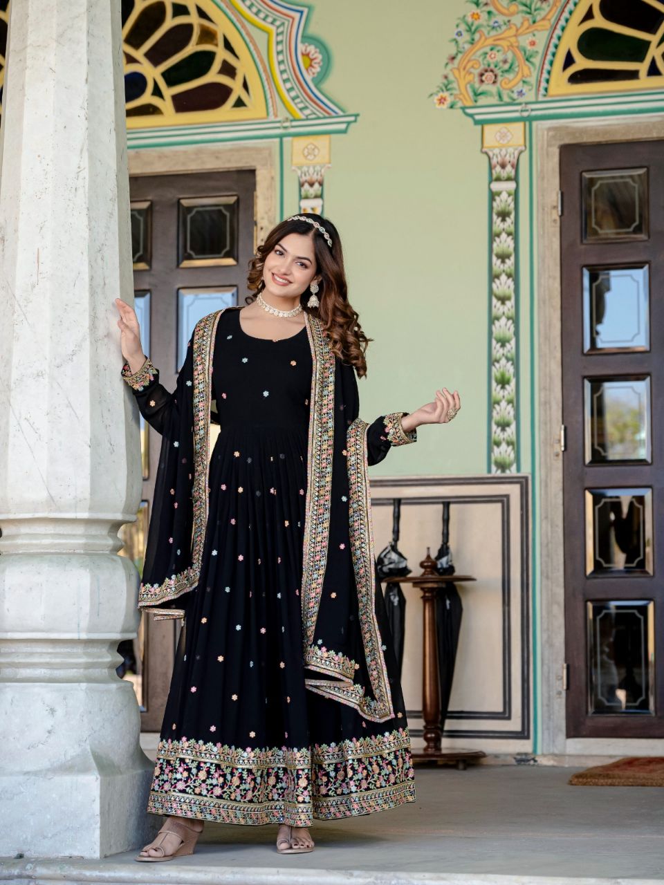 Prazu Fashion Black Faux Georgette Embroidered Gown With Dupatta