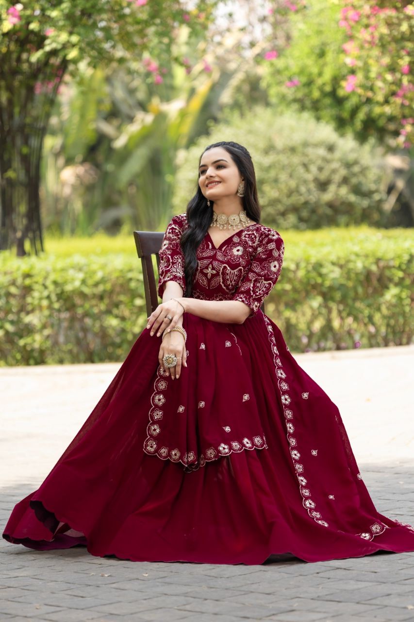 Prazu Fashion Maroon Vichitra Silk Embroidered Gown With Dupatta