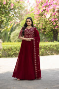 Prazu Fashion Maroon Vichitra Silk Embroidered Gown With Dupatta