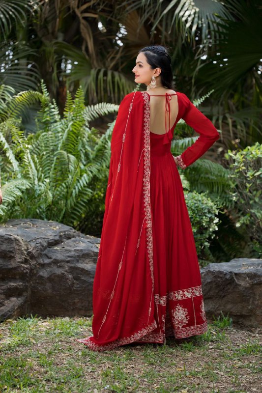 Prazu Fashion Red Faux Georgette Embroidered Gown With Dupatta