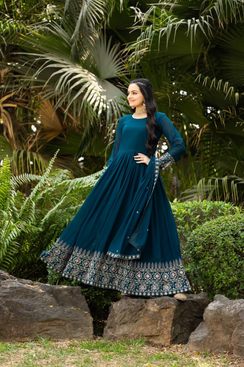 Prazu Fashion Rama Blue Faux Georgette Embroidered Gown With Dupatta