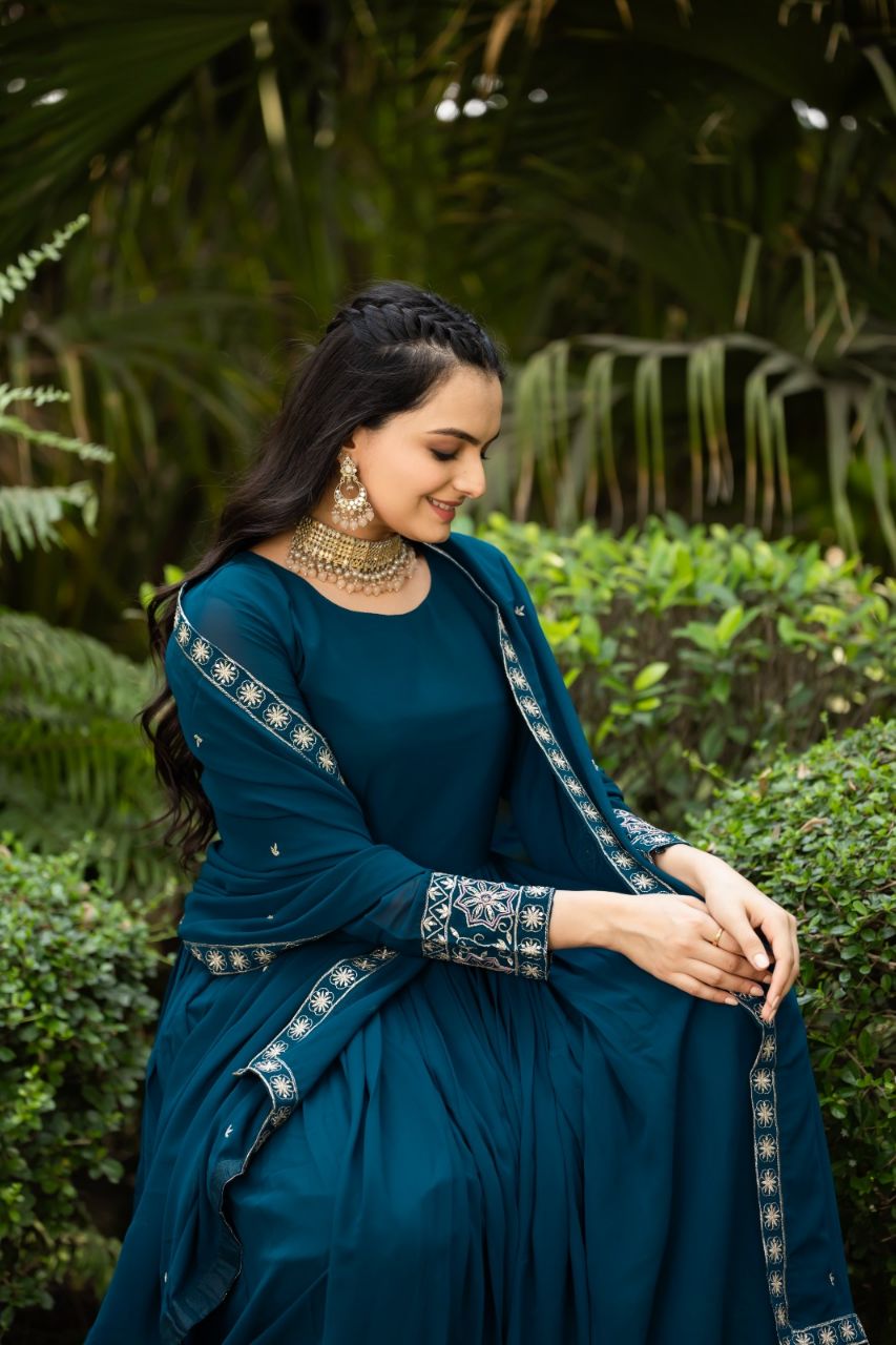 Prazu Fashion Rama Blue Faux Georgette Embroidered Gown With Dupatta