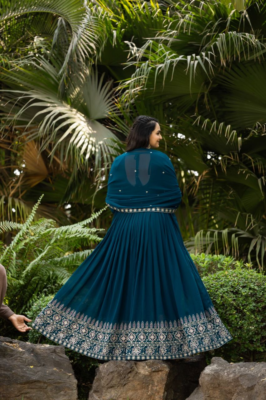 Prazu Fashion Rama Blue Faux Georgette Embroidered Gown With Dupatta