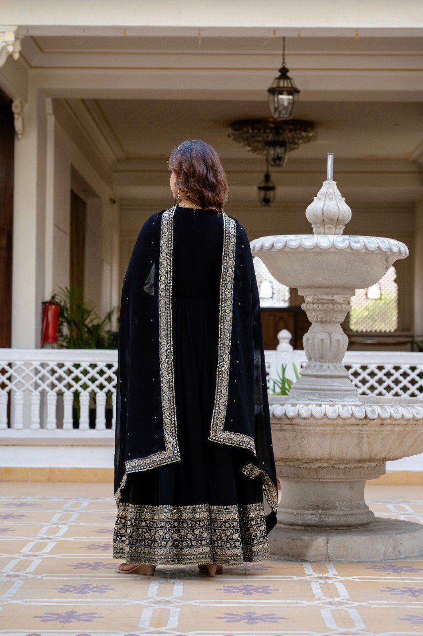 Prazu Fashion Black Faux Georgette Embroidered Gown With Dupatta