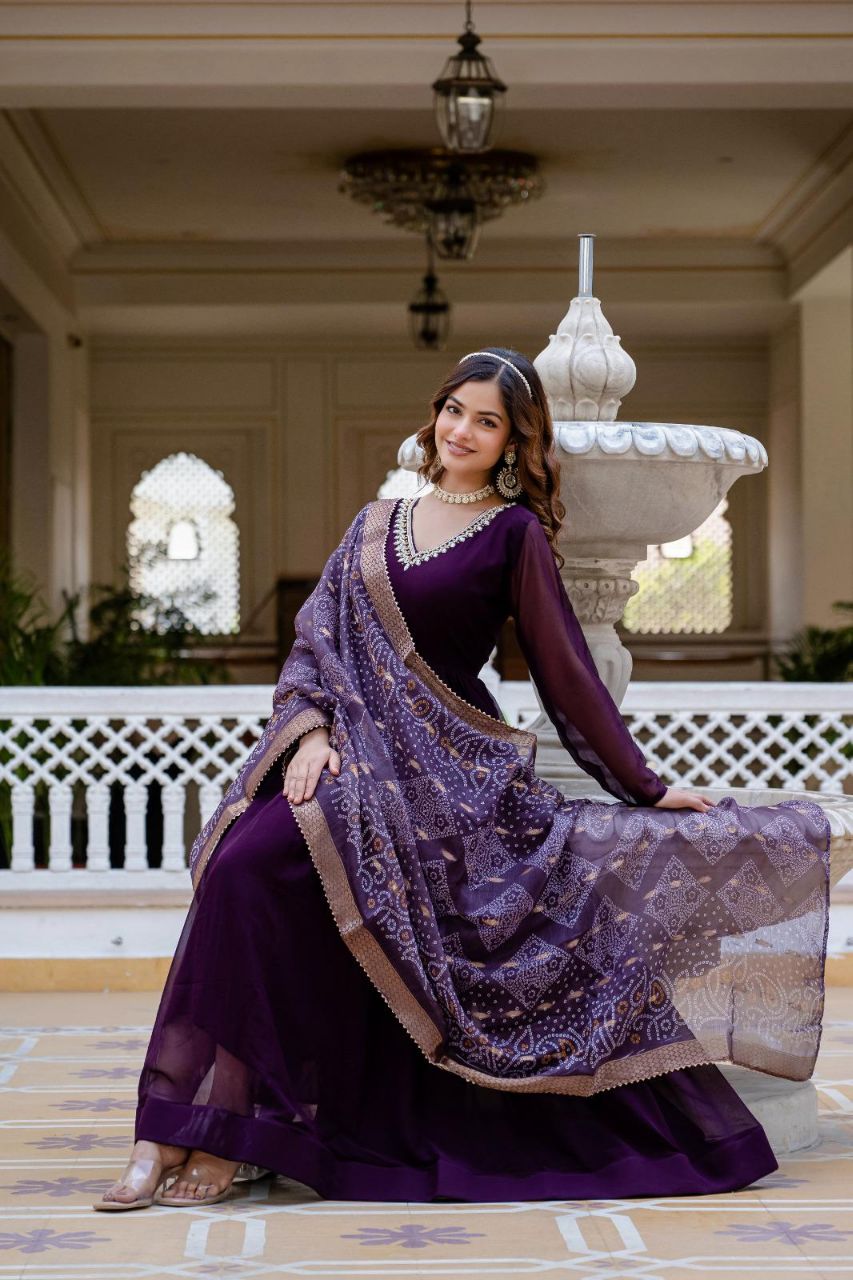 Prazu Fashion Wine Faux Georgette Pearl Handwork Gown With Dupatta