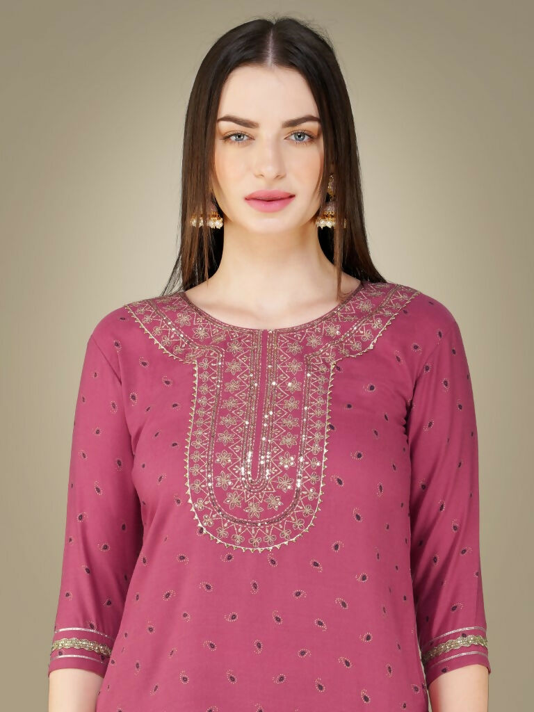 Jyoti Fashion Women's Wine Cotton Magic Slub Embroidery & Sequence work Kurta with Trouser & Dupatta