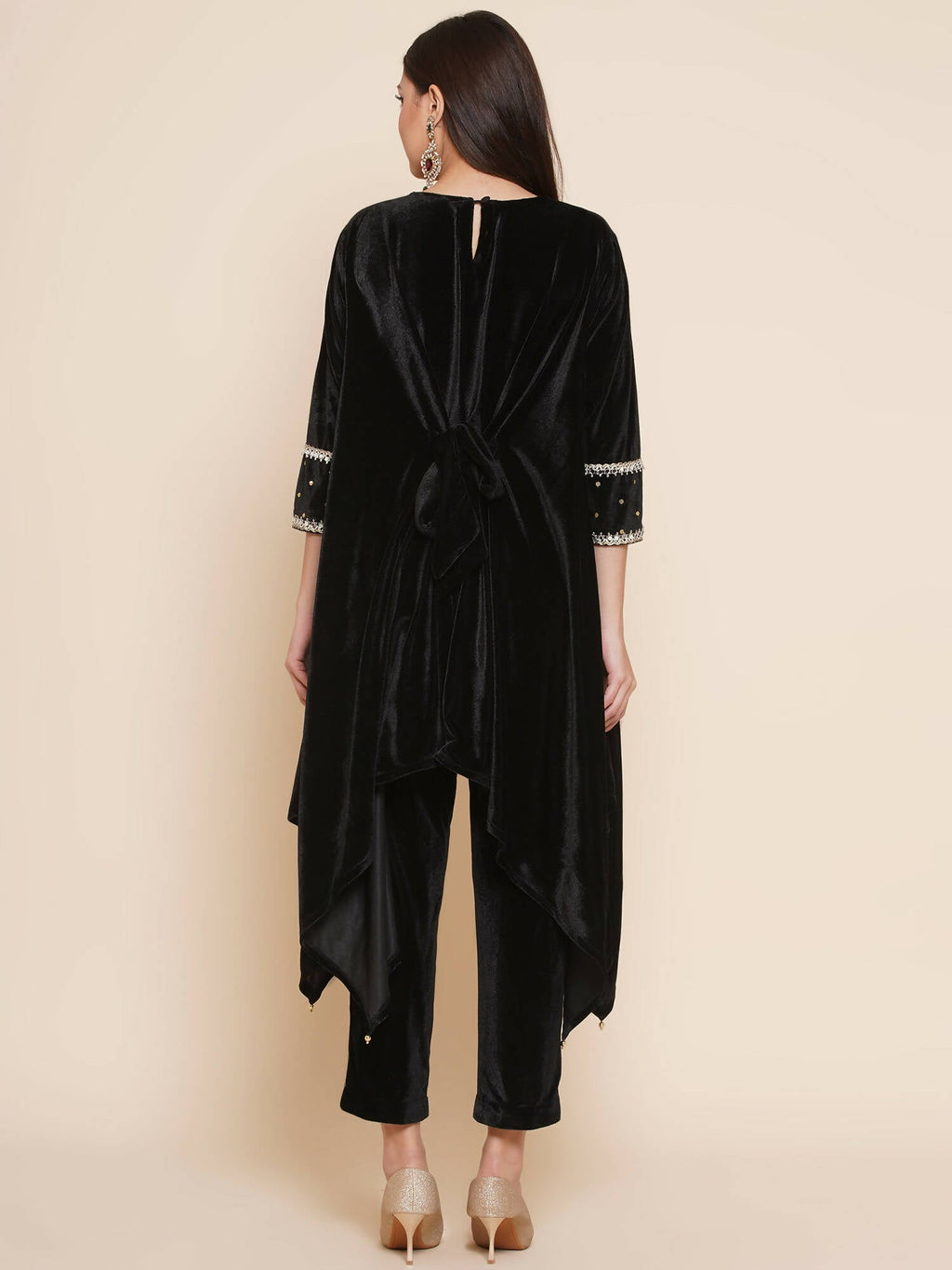 Women Republic Black Velvet Kaftaan Style Kurta With Pants