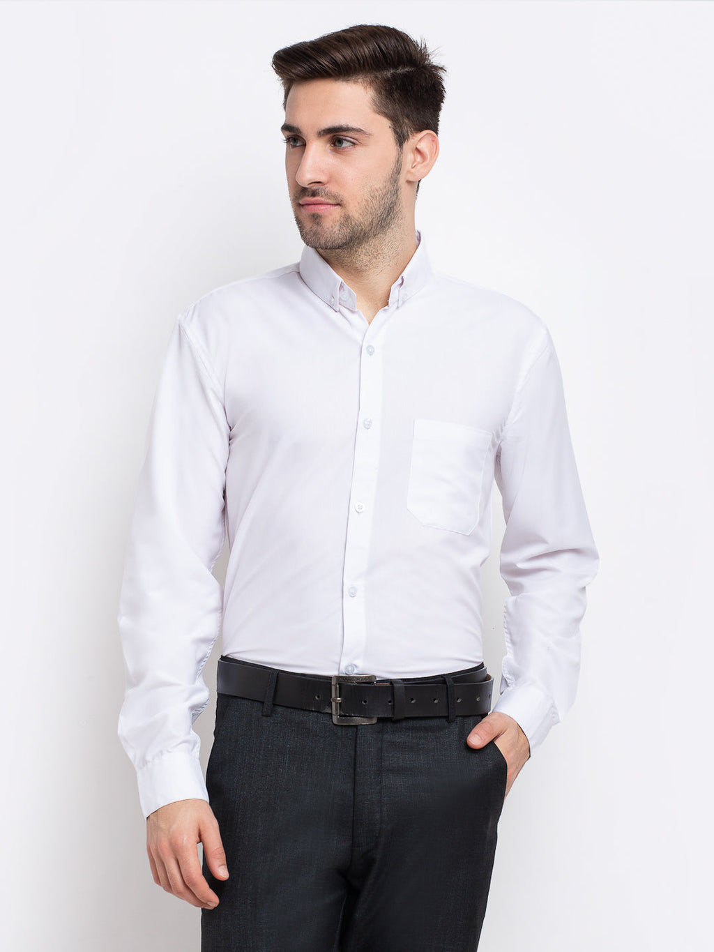 Jainish Men's Button Down Collar Cotton Formal Shirt - White