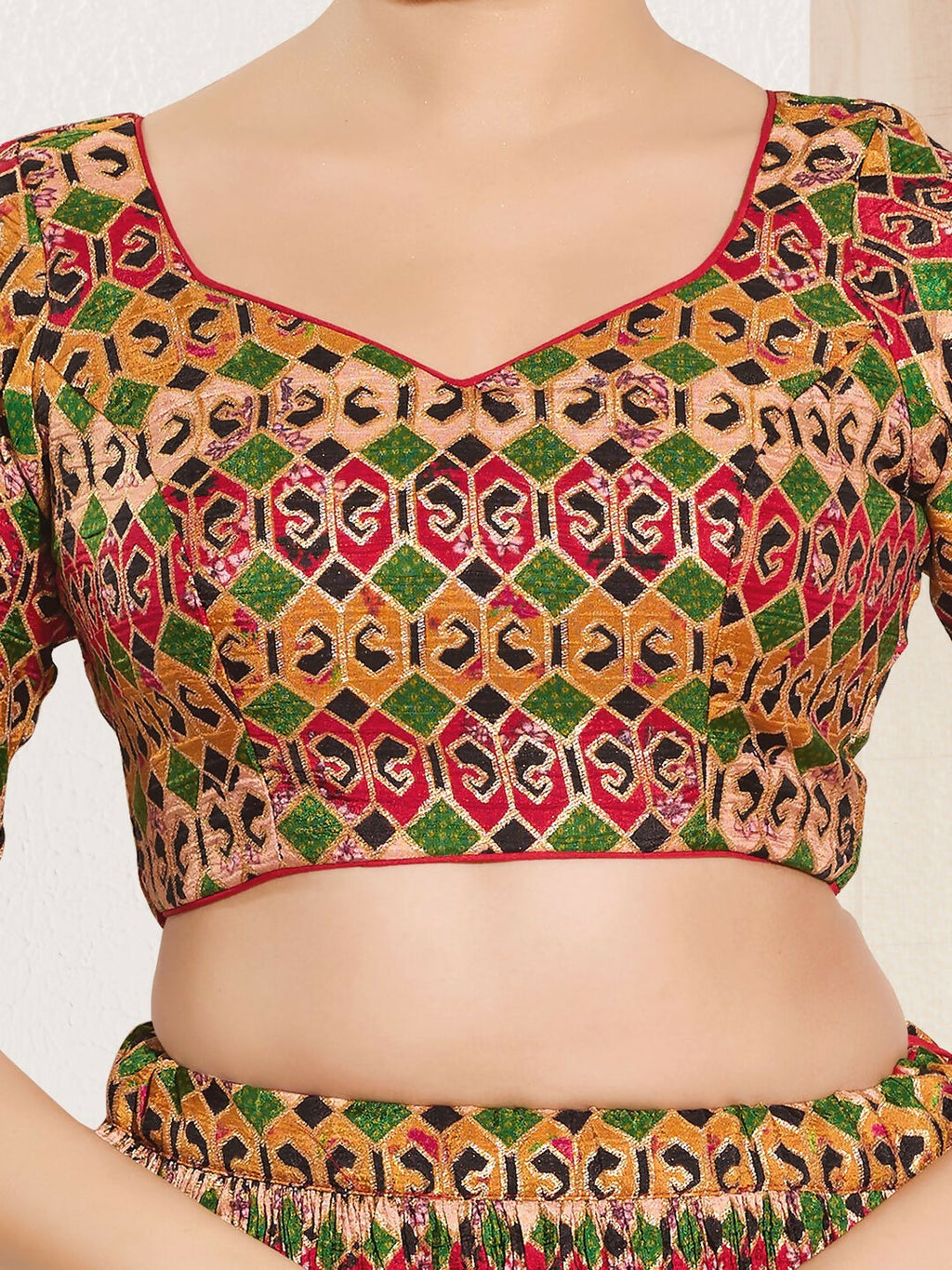 Joban Fashion Red Brocade Padded Blouse With Sweetheart Neck Elbow Sleeves
