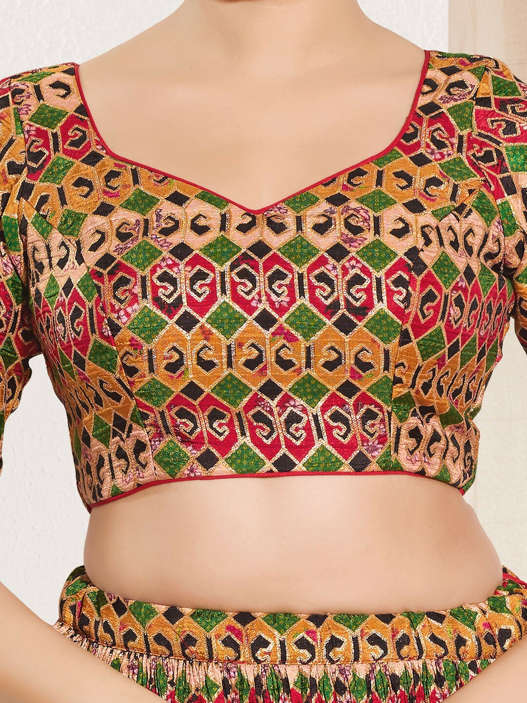 Joban Fashion Red Brocade Padded Blouse With Sweetheart Neck Elbow Sleeves