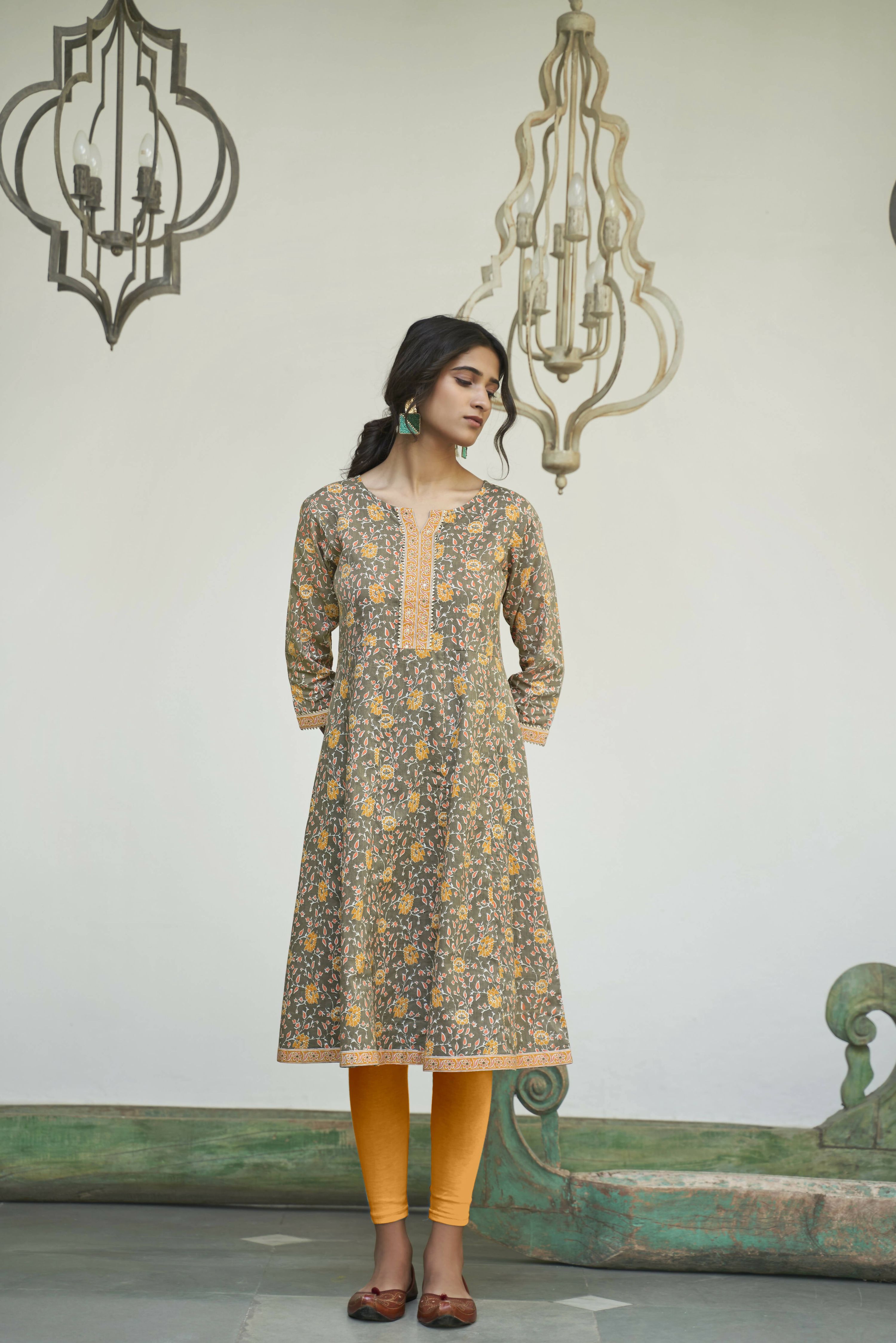 Grey Cotton Floral Printed A line Kurta - Prasuti