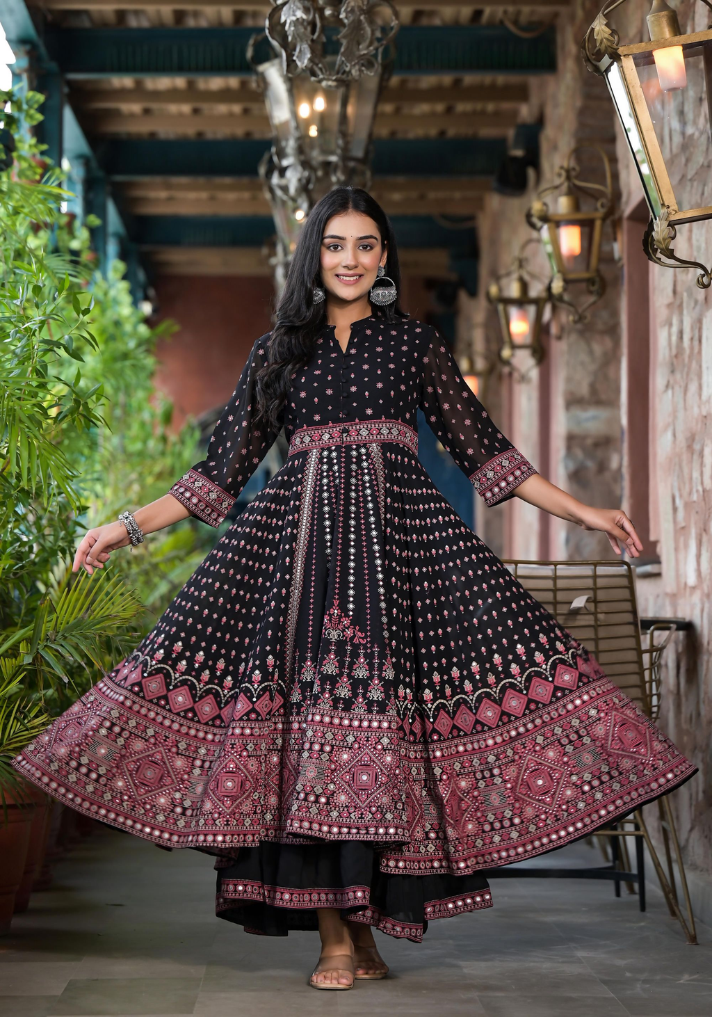Juniper Women's Black Ethnic Motif Printed Georgette A-line Dress With Mirror Work & Sequins