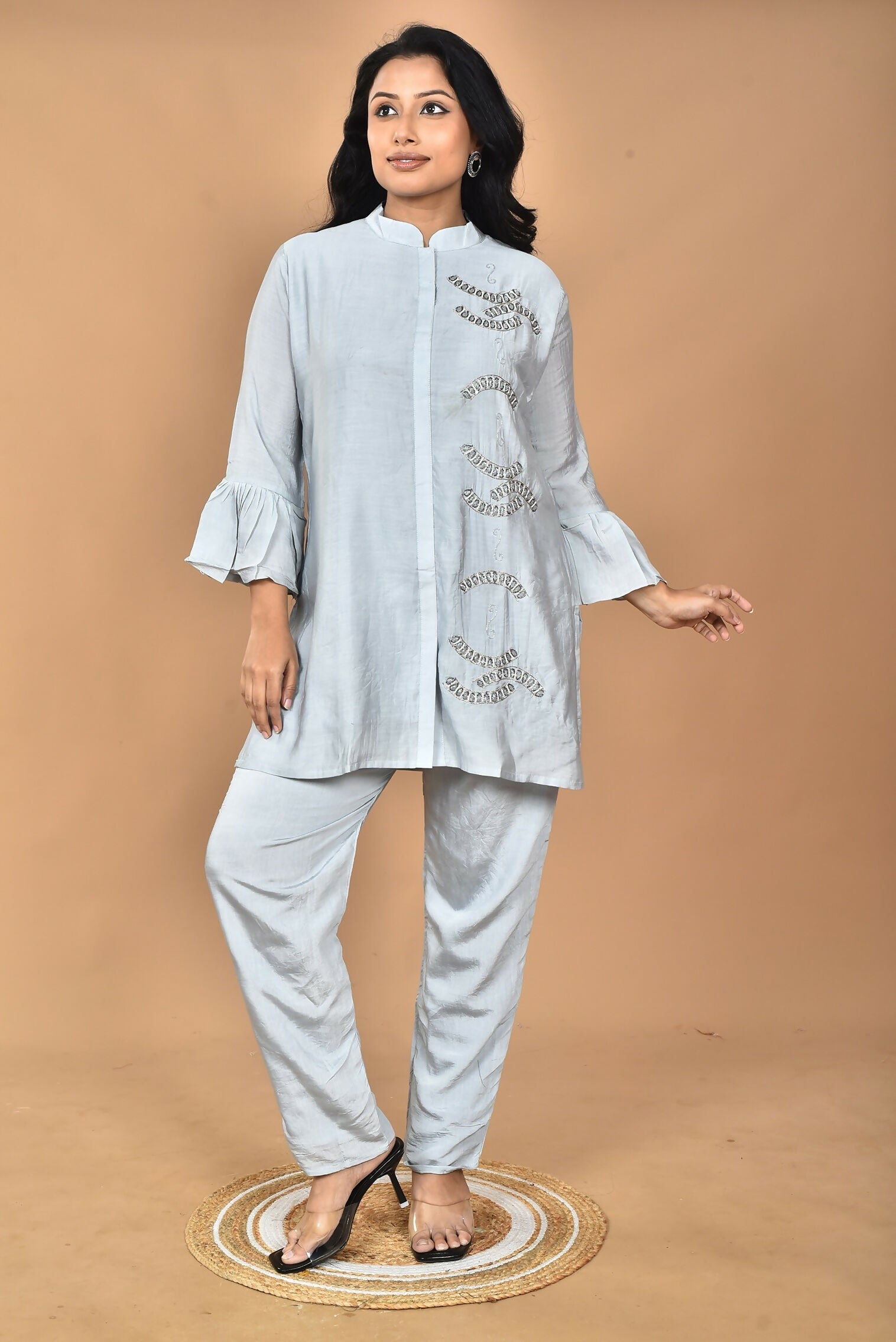 Morchari Women Hand Embroidery Co-Ords-Grey