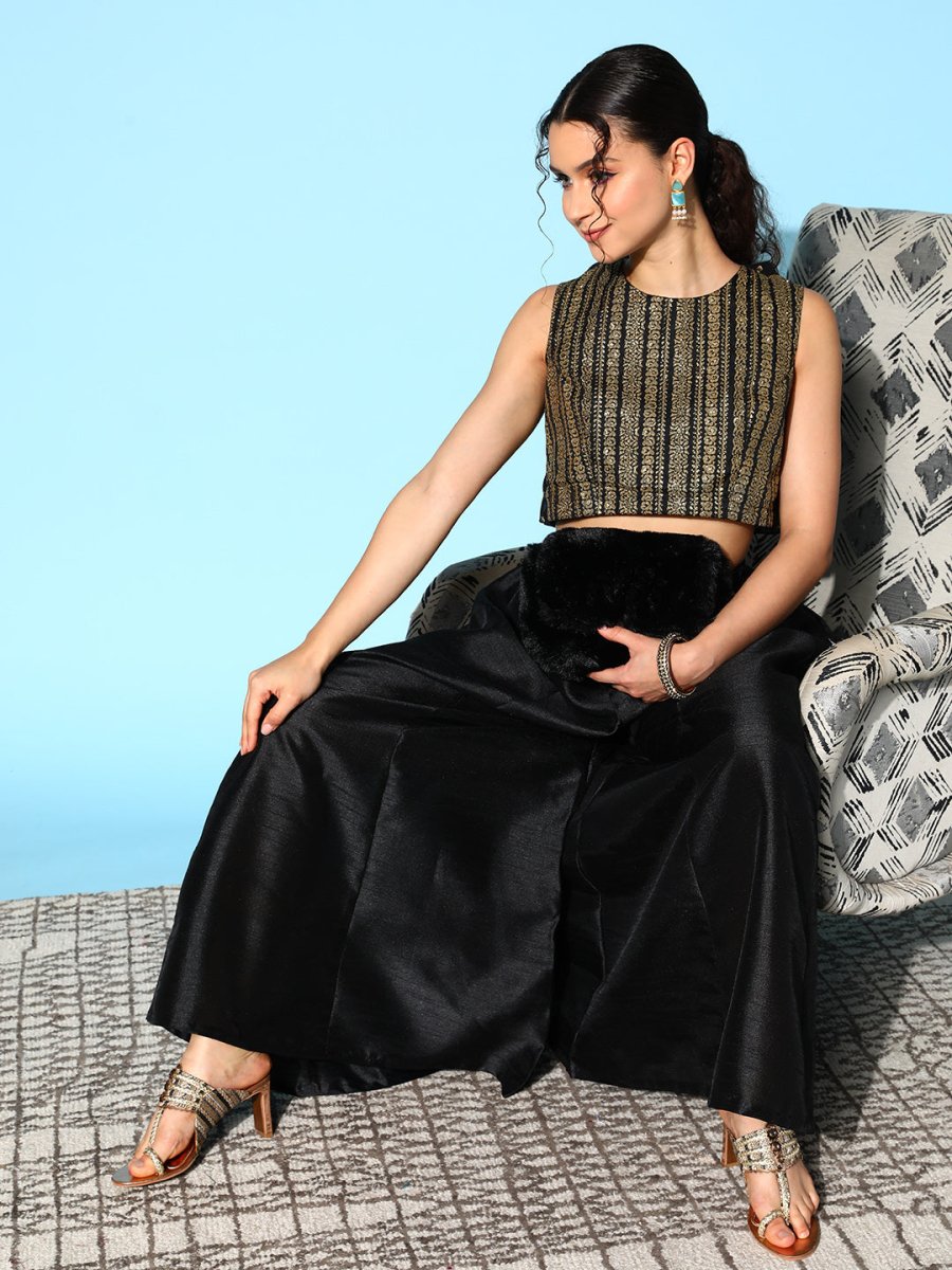 Ahalyaa Women Black & Gold-Toned Printed Co-ords