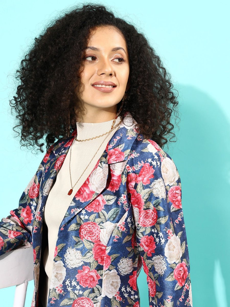 Ahalyaa Blue & Pink Floral Print Open Front Blazer