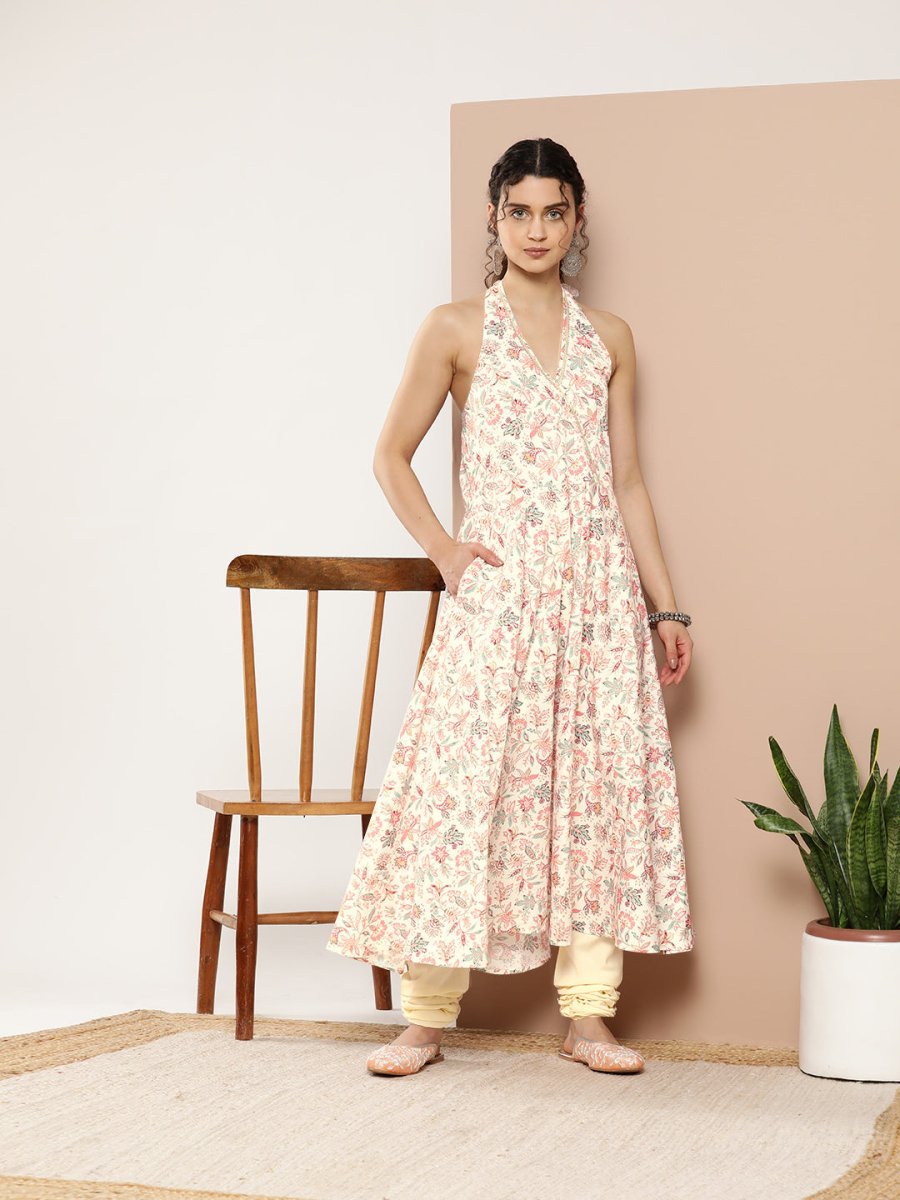 Ahalyaa Women Pink Floral Printed Empire Gotta Patti Kurta with Churidar