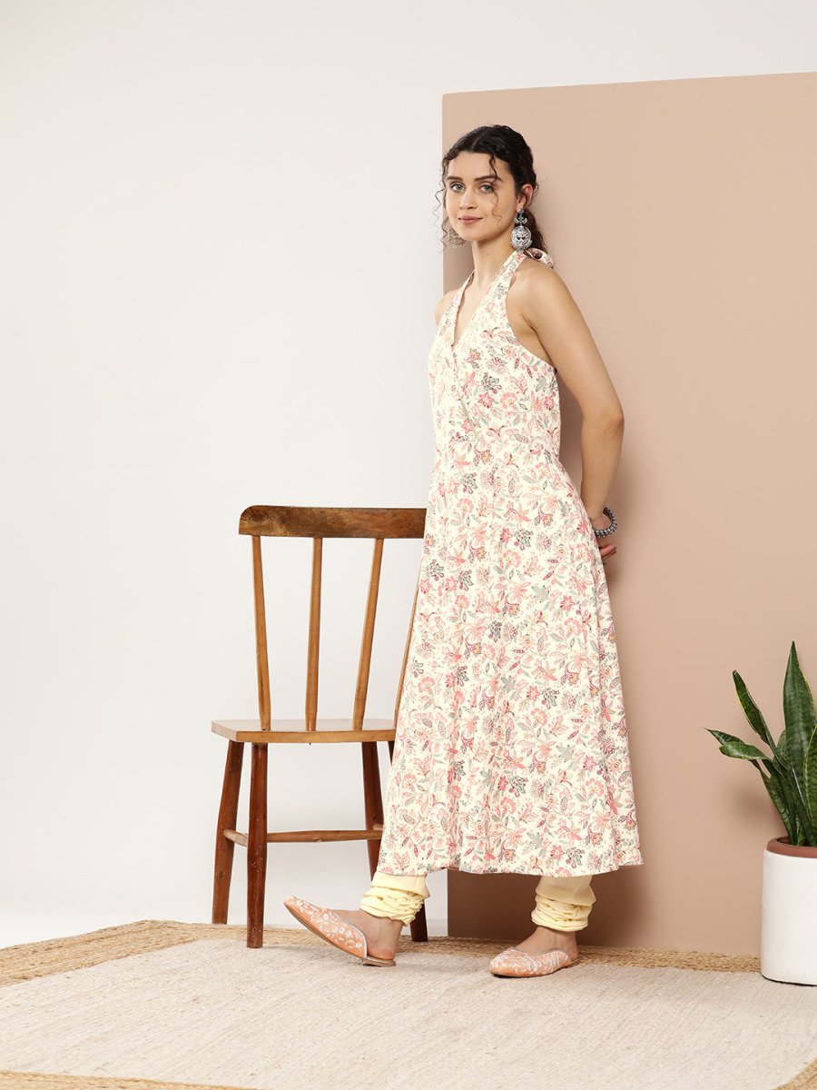 Ahalyaa Women Pink Floral Printed Empire Gotta Patti Kurta with Churidar