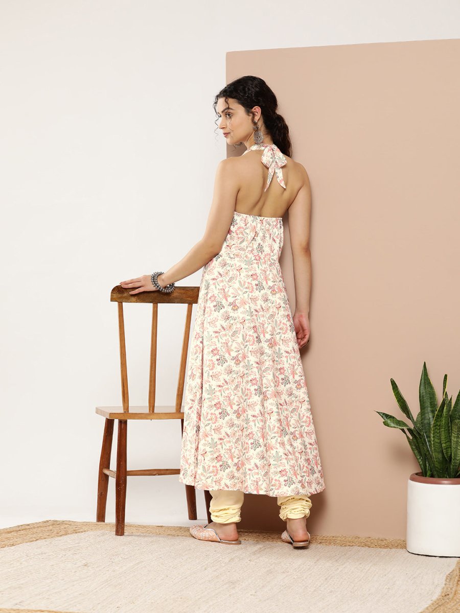 Ahalyaa Women Pink Floral Printed Empire Gotta Patti Kurta with Churidar
