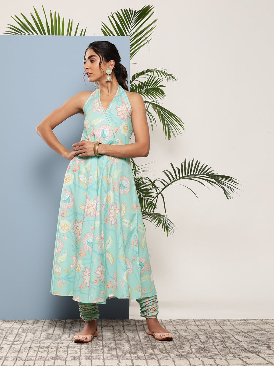 Ahalyaa Women Blue Floral Printed Gotta Patti Kurta with Churidar