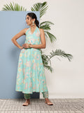 Ahalyaa Women Blue Floral Printed Gotta Patti Kurta with Churidar