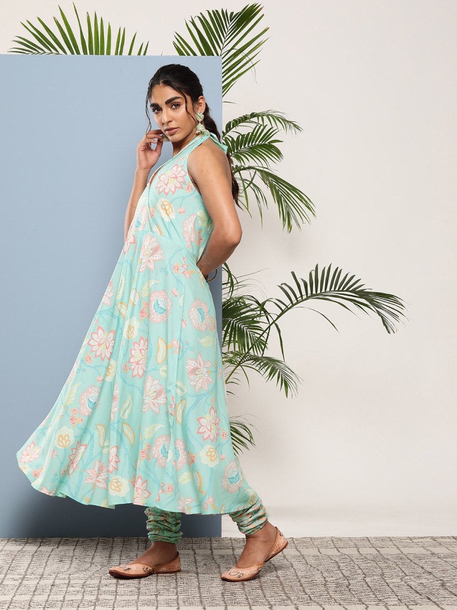 Ahalyaa Women Blue Floral Printed Gotta Patti Kurta with Churidar
