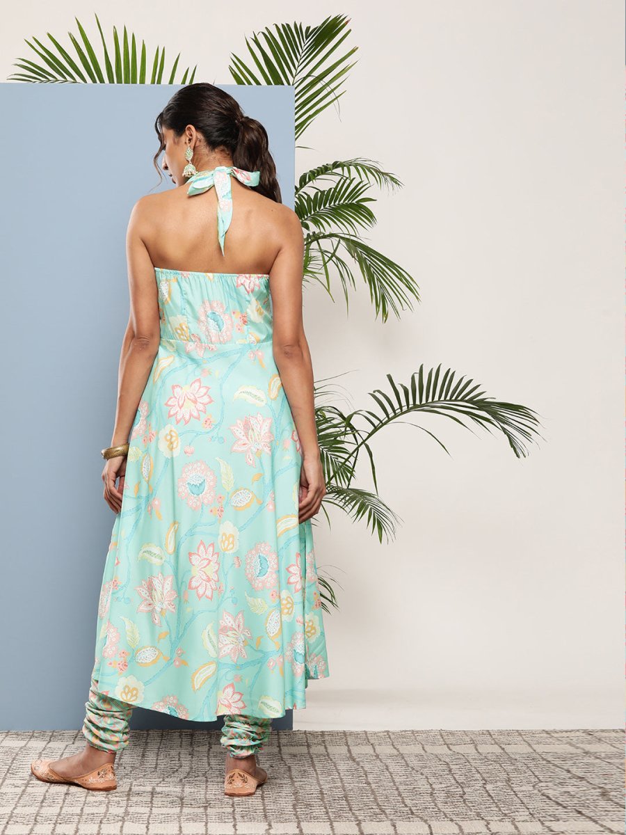 Ahalyaa Women Blue Floral Printed Gotta Patti Kurta with Churidar