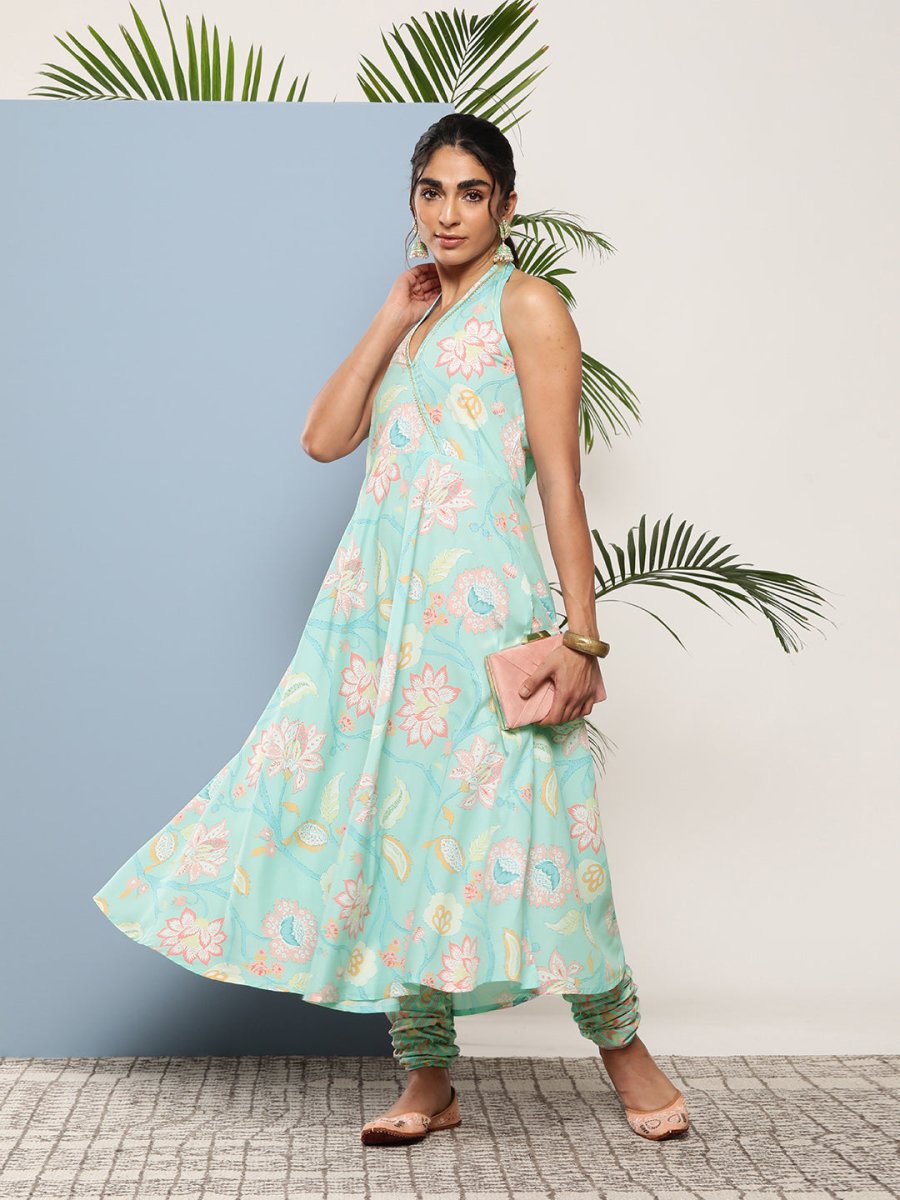 Ahalyaa Women Blue Floral Printed Gotta Patti Kurta with Churidar