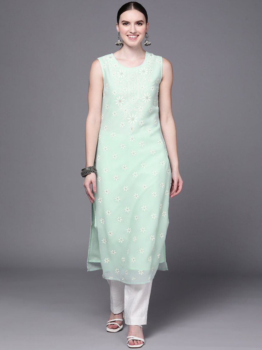 Ahalyaa Women Sea Green Floral Printed Georgette Kurta