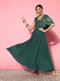 Ahalyaa Gorgeous Green Ethnic Motifs Ruffled Dress