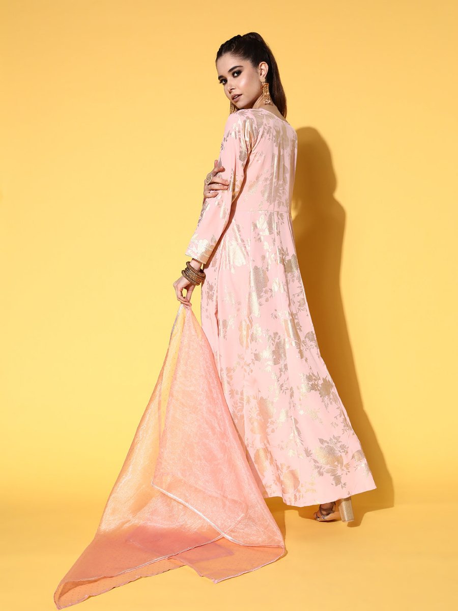 Ahalyaa Pink Empire Gotta Patti Ethnic Dress With Dupatta