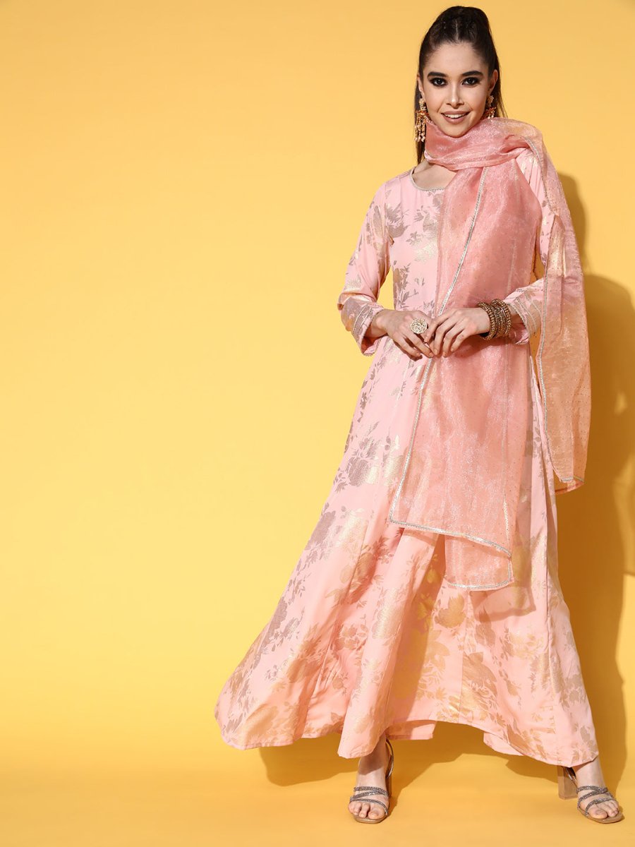 Ahalyaa Pink Empire Gotta Patti Ethnic Dress With Dupatta