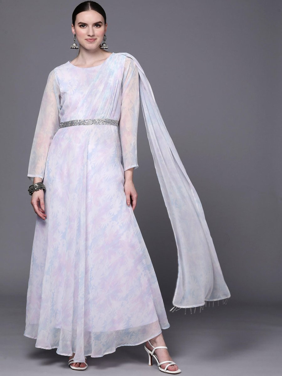 Ahalyaa Women Blue & White Floral Fit & Flare Maxi Ethnic Dress