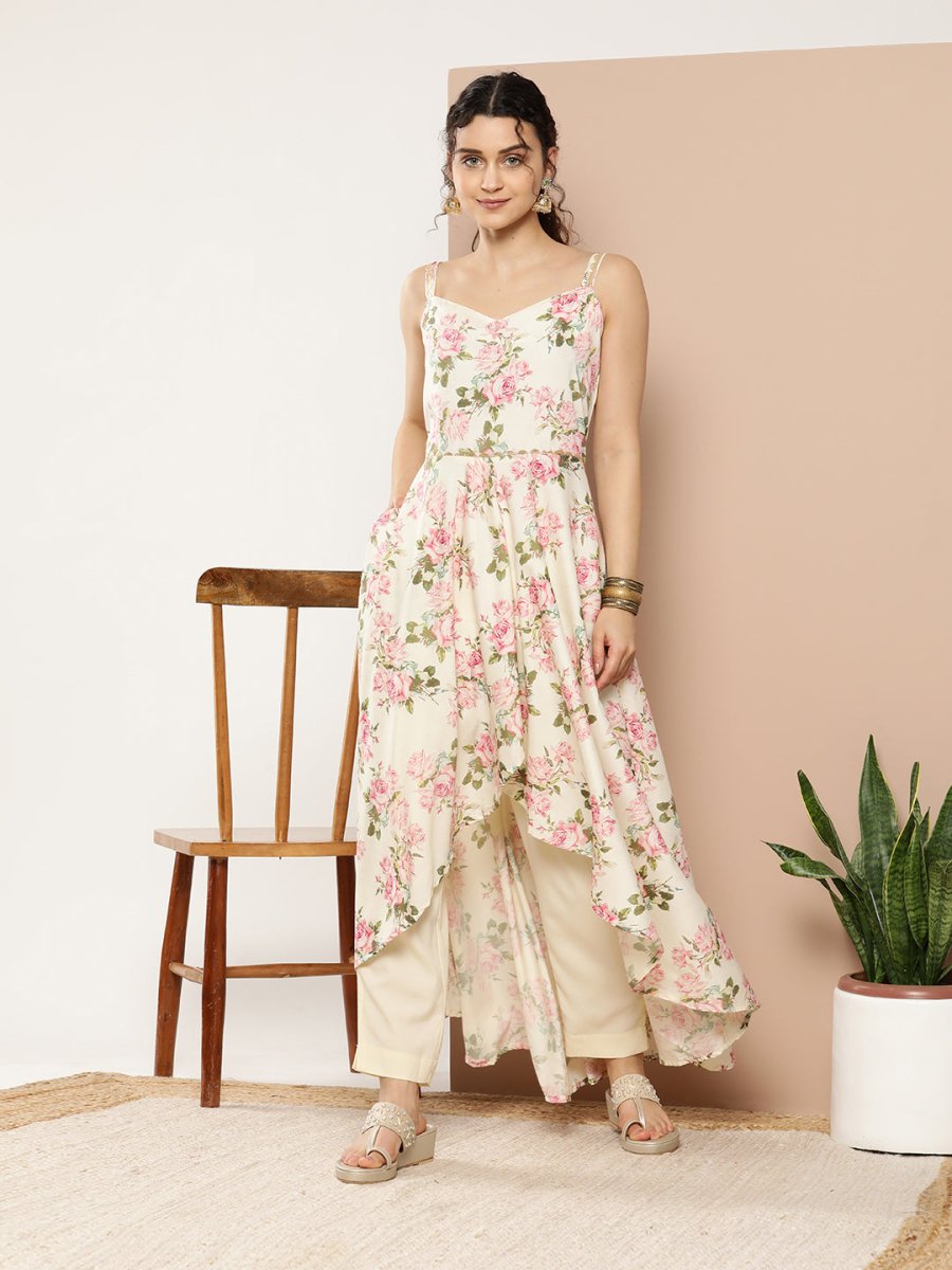 Ahalyaa Women Floral Printed Empire Gotta Patti Kurta With Trousers