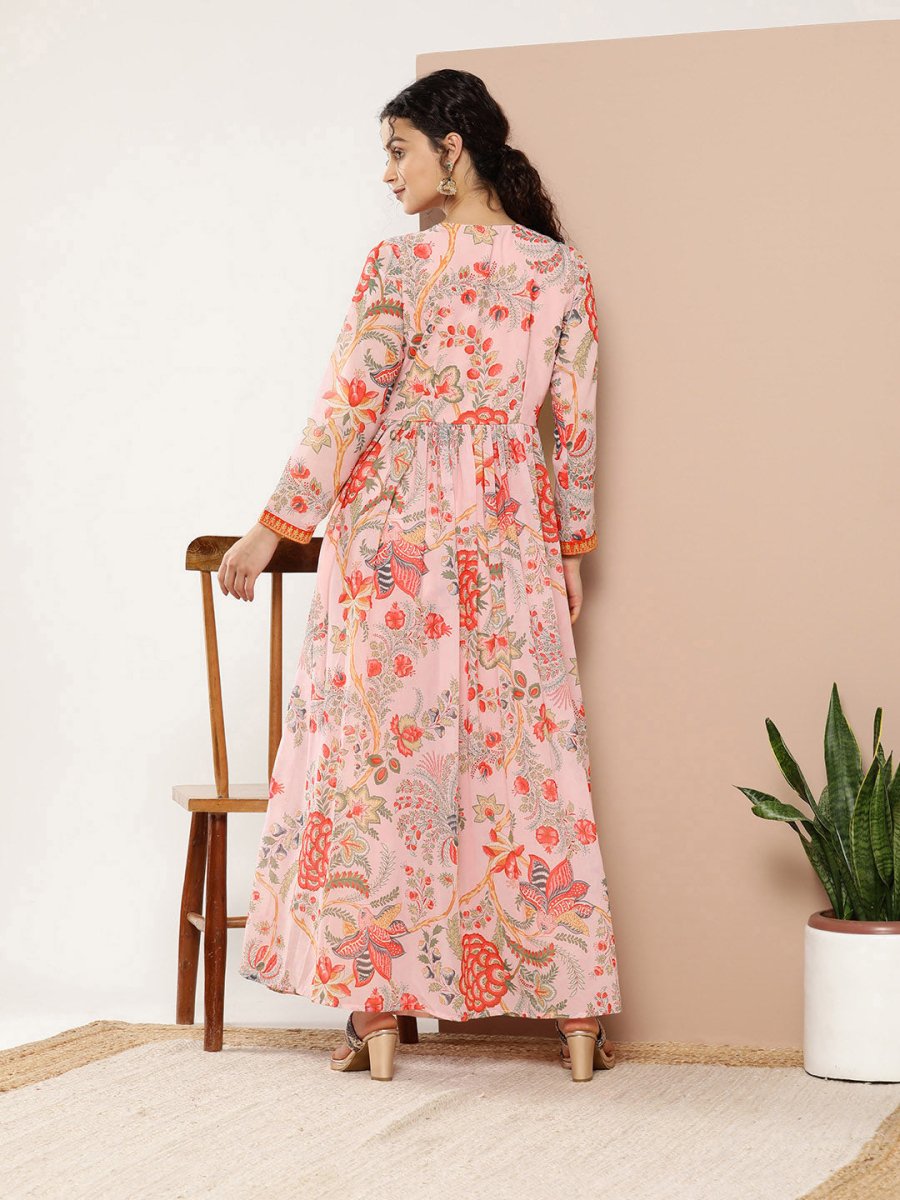 Ahalyaa Women Pink Floral Printed High Slit Kurta with Trousers
