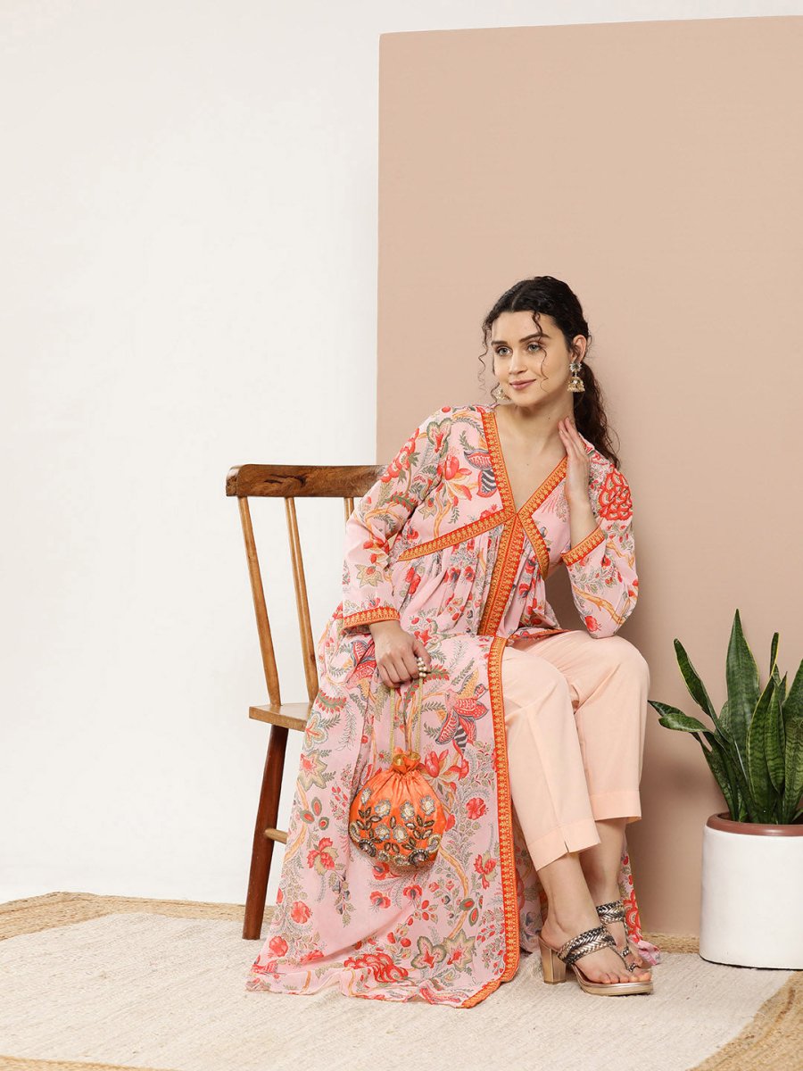 Ahalyaa Women Pink Floral Printed High Slit Kurta with Trousers