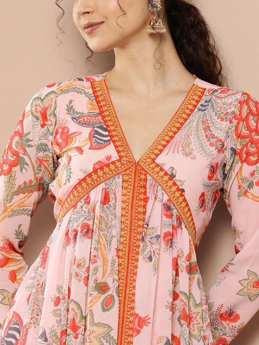 Ahalyaa Women Pink Floral Printed High Slit Kurta with Trousers