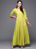 Ahalyaa Women Lime Yellow & Pink Printed Pleated A-Line Maxi Velvet Ethnic Dress