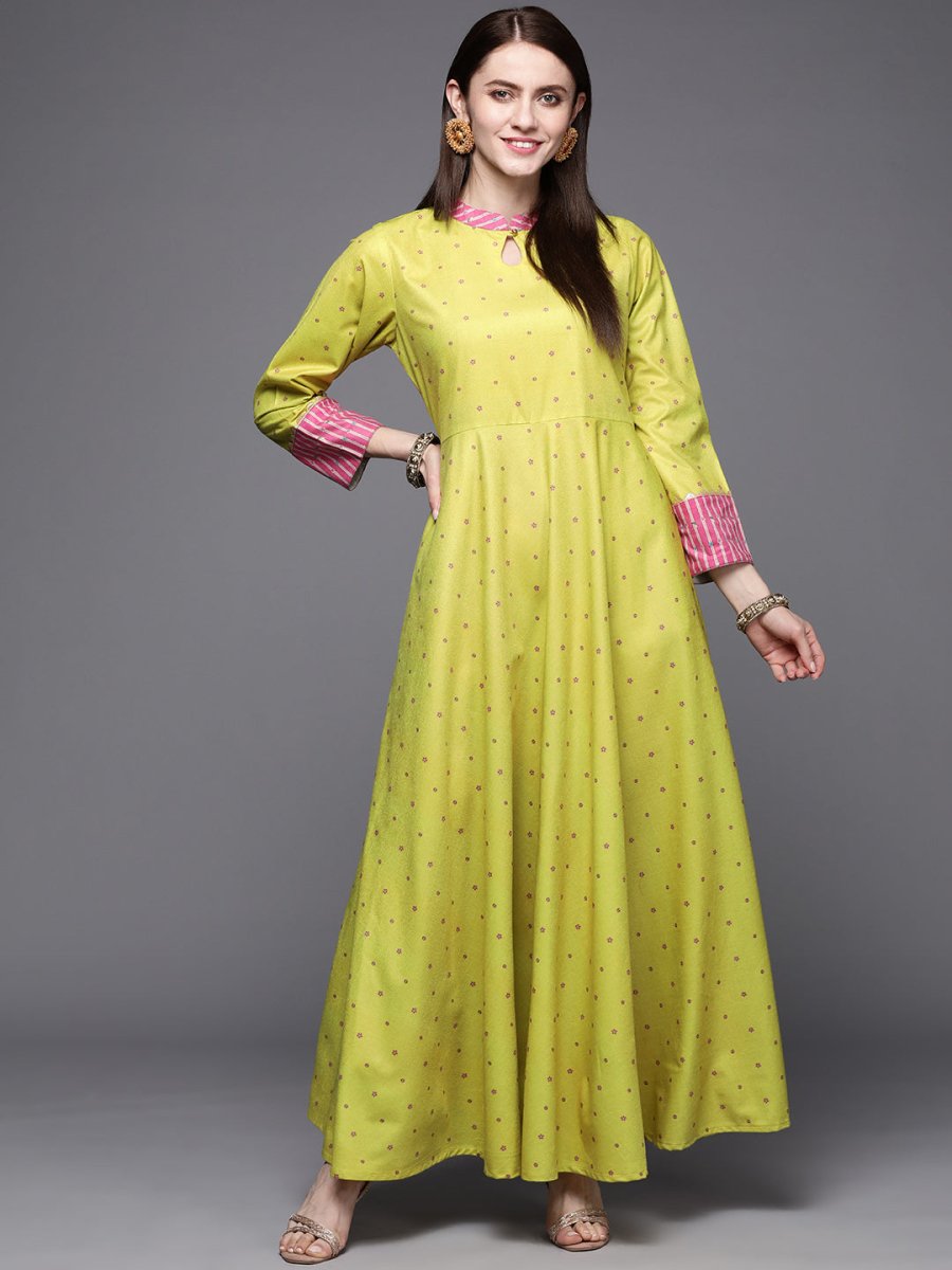 Ahalyaa Women Lime Yellow & Pink Printed Pleated A-Line Maxi Velvet Ethnic Dress