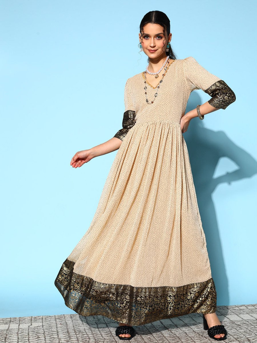 Ahalyaa Women Cream-coloured & Bronze Printed Gotta Patti Chiffon Ethnic Dress