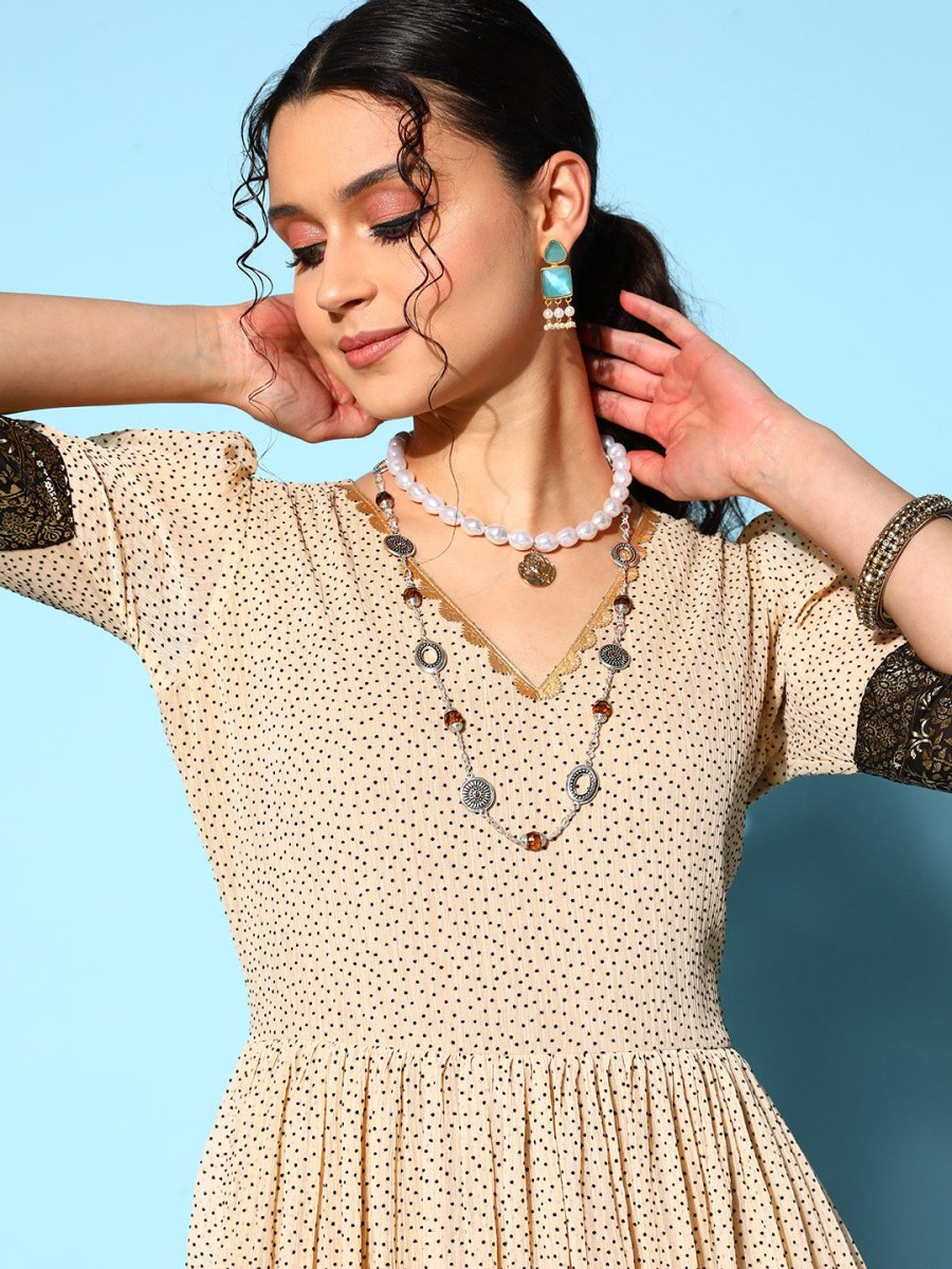 Ahalyaa Women Cream-coloured & Bronze Printed Gotta Patti Chiffon Ethnic Dress