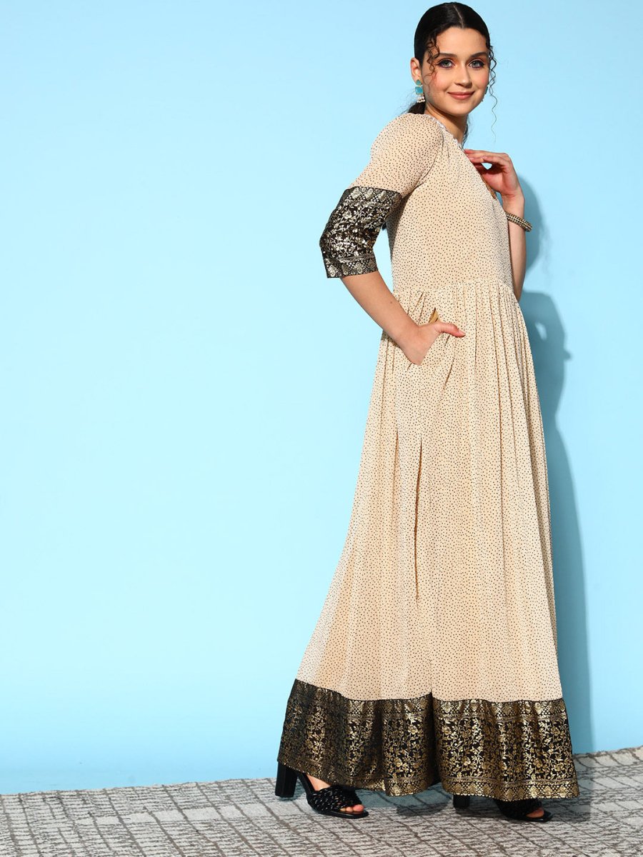 Ahalyaa Women Cream-coloured & Bronze Printed Gotta Patti Chiffon Ethnic Dress