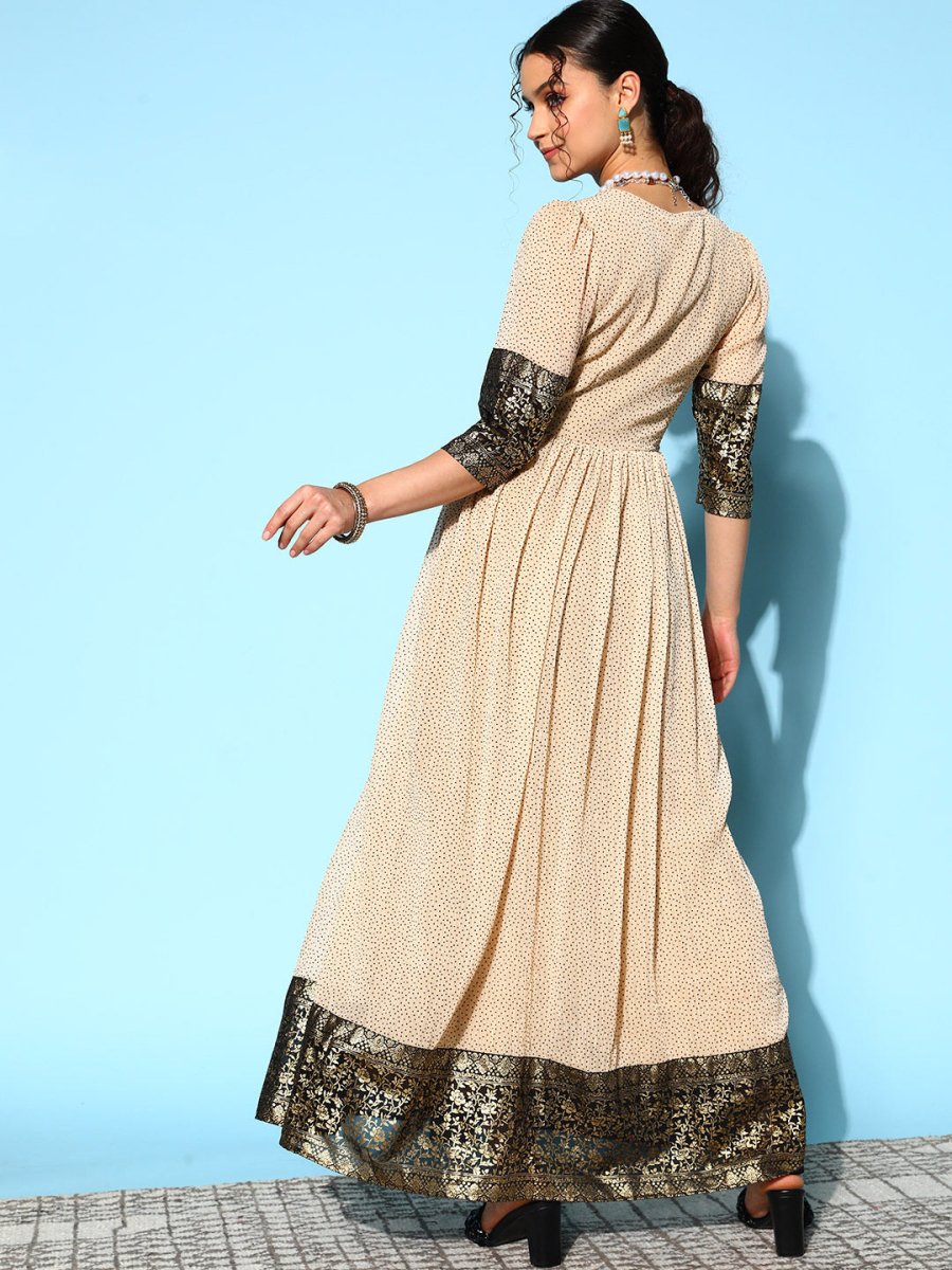 Ahalyaa Women Cream-coloured & Bronze Printed Gotta Patti Chiffon Ethnic Dress