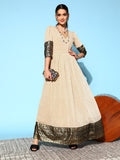 Ahalyaa Women Cream-coloured & Bronze Printed Gotta Patti Chiffon Ethnic Dress