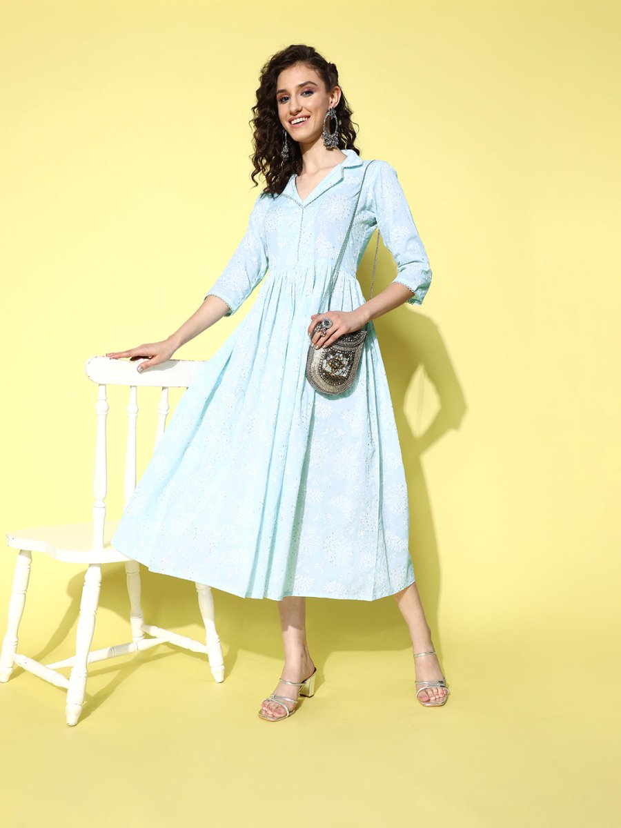 Ahalyaa Sea Green Floral Print Midi Ethnic Dress