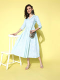 Ahalyaa Sea Green Floral Print Midi Ethnic Dress