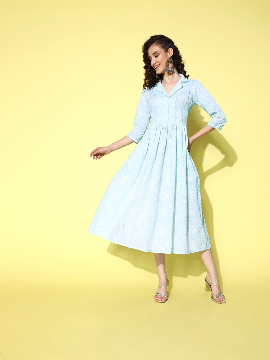 Ahalyaa Sea Green Floral Print Midi Ethnic Dress