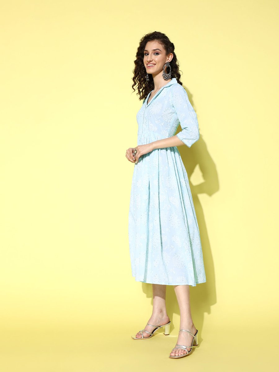 Ahalyaa Sea Green Floral Print Midi Ethnic Dress