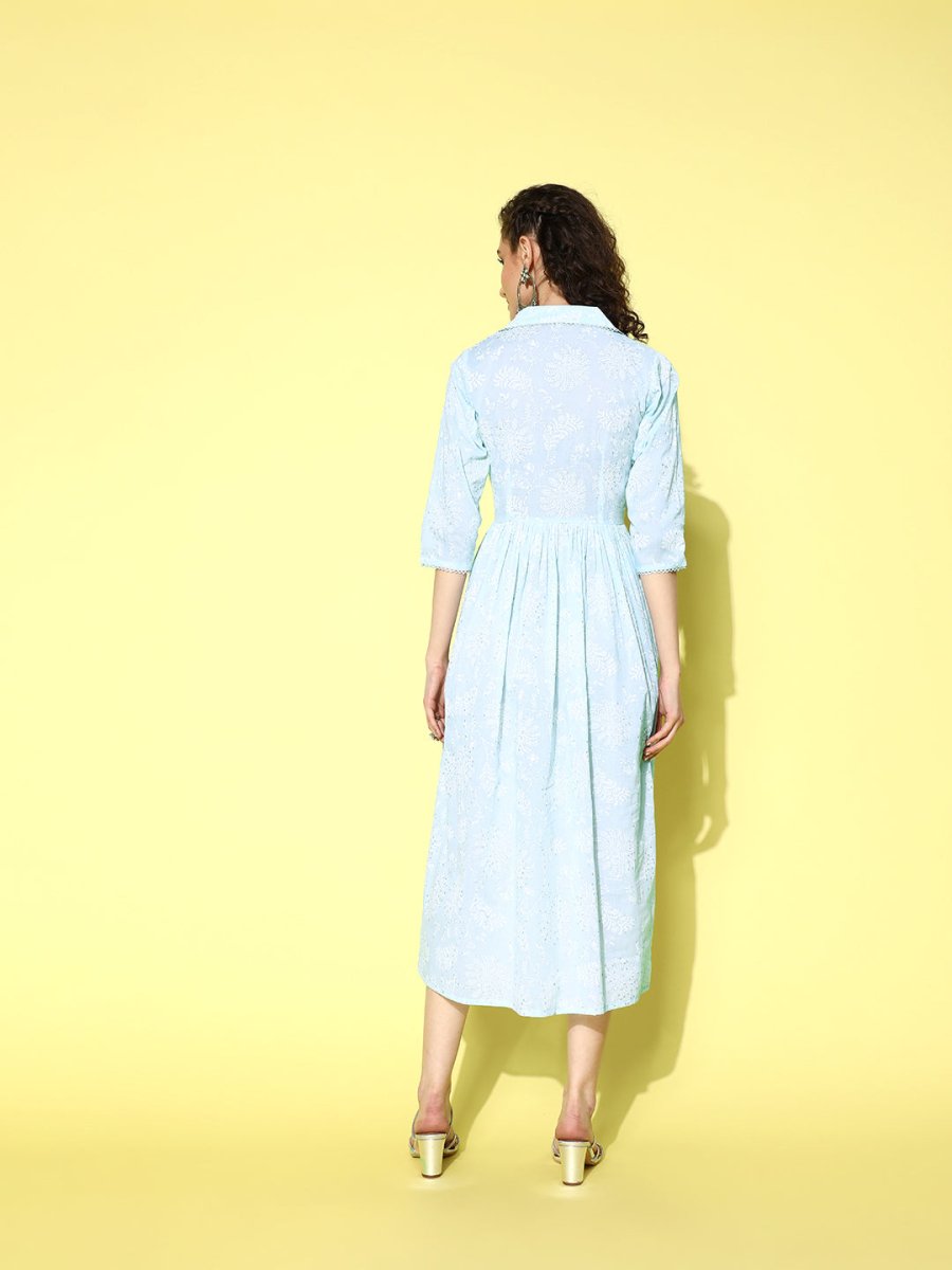 Ahalyaa Sea Green Floral Print Midi Ethnic Dress
